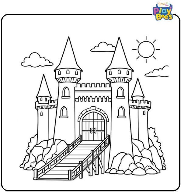 Castle with Drawbridge Down Colouring Page