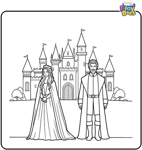Castle with King and Queen Colouring Page