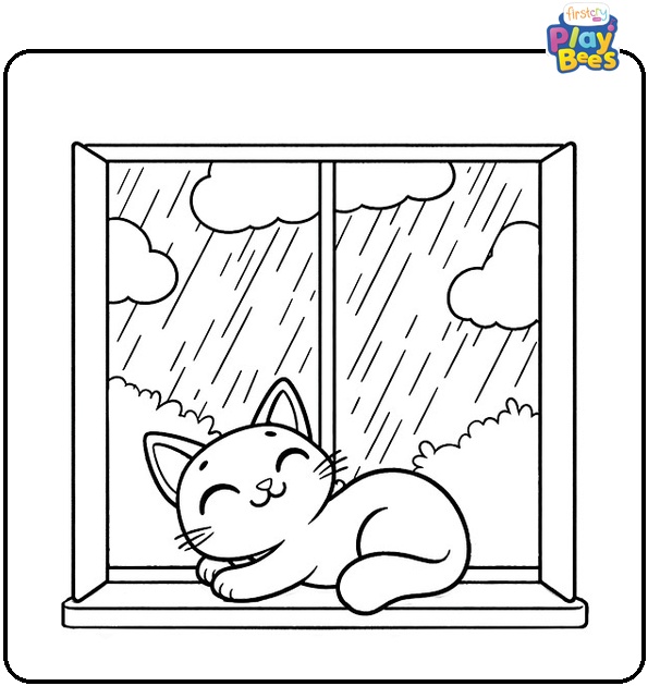 Cat Resting While Rain Falls Coloring Page