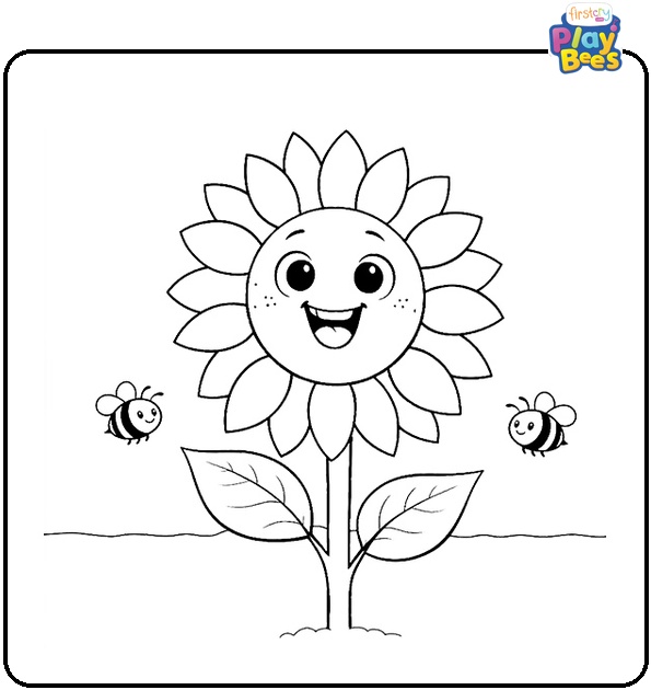 Cheerful Sunflower Surrounded By Bees Coloring Page