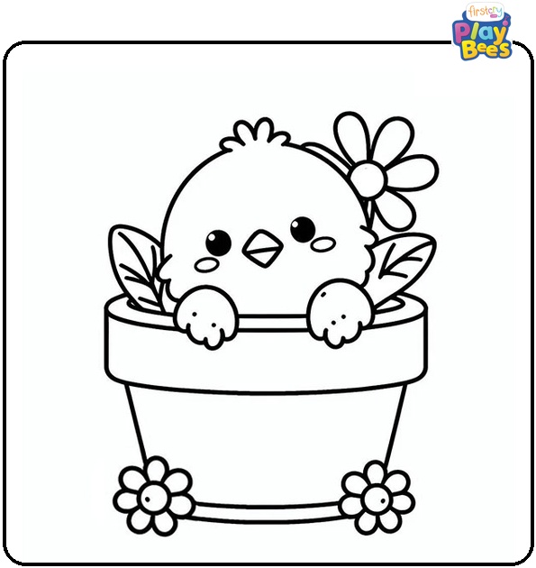 Chick Peeking from a Flower Pot Coloring Page