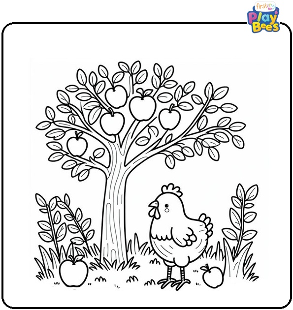 Chicken Under an Apple Tree Coloring Page