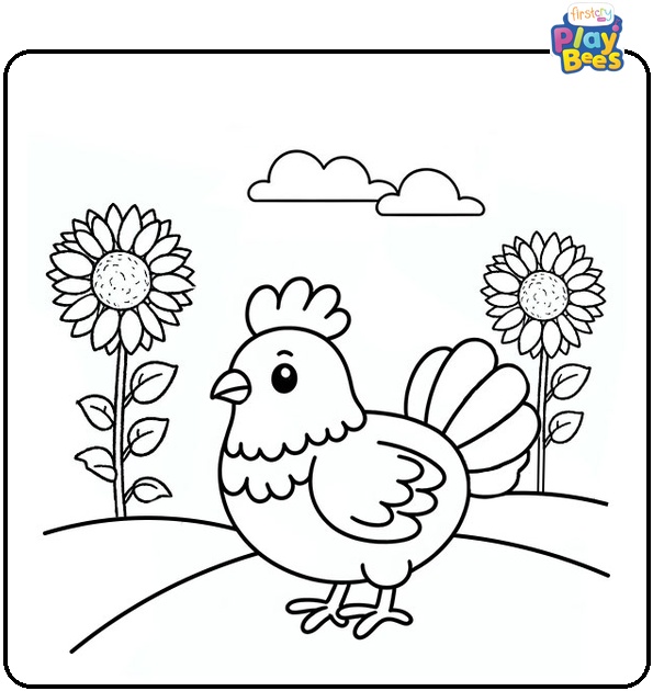 Chicken in a Field of Sunflowers Coloring Page