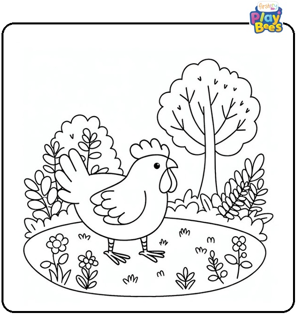 Chicken in a Garden Coloring Page