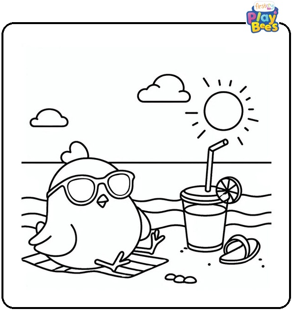 Chicken on the Seabeach Coloring Page