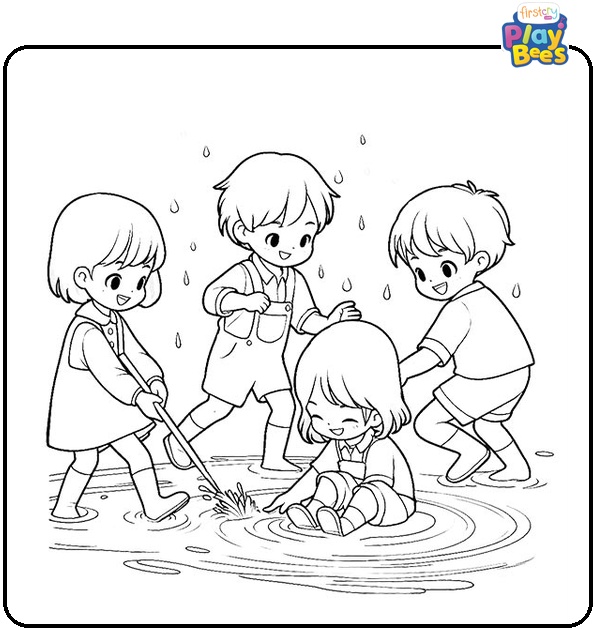 Children Playing in Rain Water Coloring Page