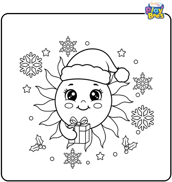 Christmas Sun With Santa Hat Coloring Page