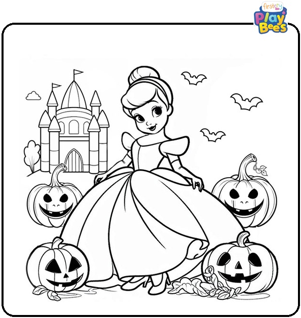 Cinderella in Spooky Halloween Scene Coloring Page Cinderella in Spooky Halloween Scene Coloring Page