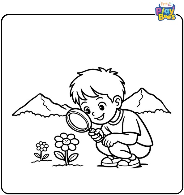 Curious Boy Inspecting A Flower With A Magnifying Glass Coloring Page