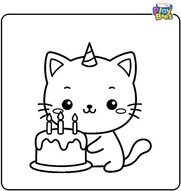 Cute Cat With Birthday Cake Coloring Page Cute Cat With Birthday Cake Coloring Page