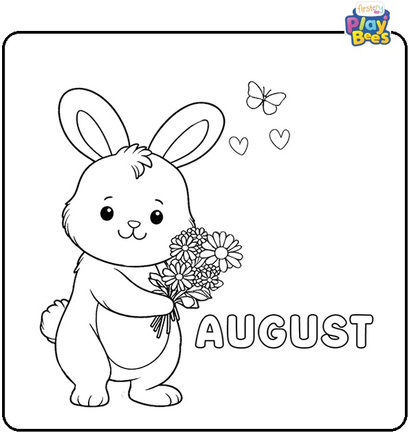 Cute Rabbit and August Flowers Coloring Page
