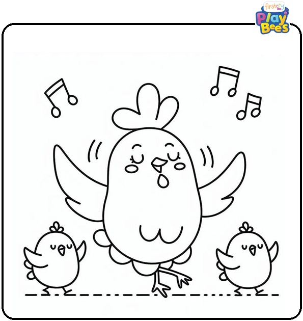 Dancing Chicken and Chicks Coloring Page
