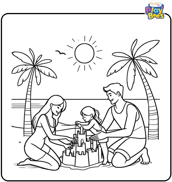 Family at the Beach in August Coloring Page