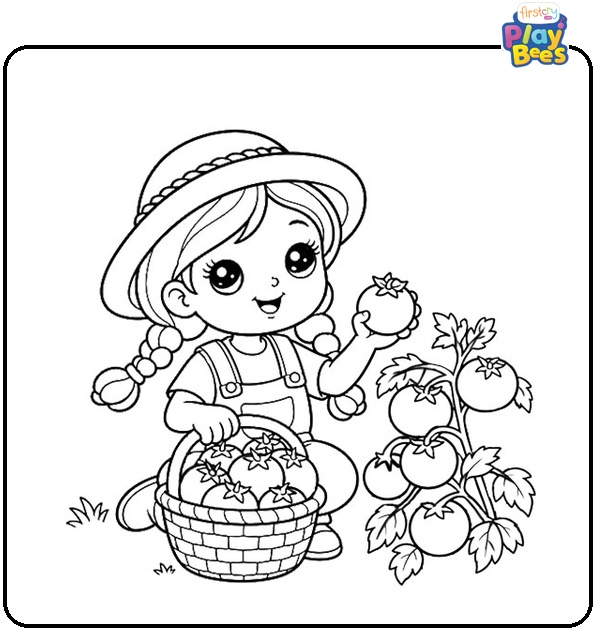 Farmer Girl Harvesting Tomatoes Coloring Page