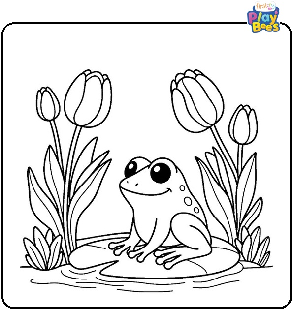 Frog Near a Tulip Colouring Page