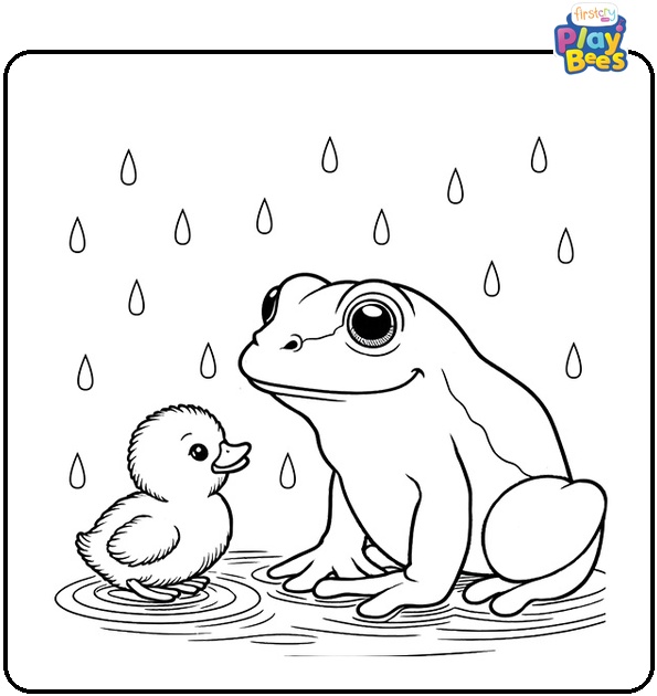 Frog and Duckling in the Rain Coloring Page