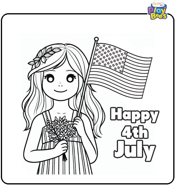 Girl Holding a Flag in Hand 4th of July Coloring Page