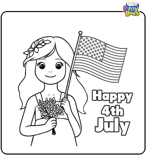 Girl Holding A Flag In Hand 4th of July coloring page