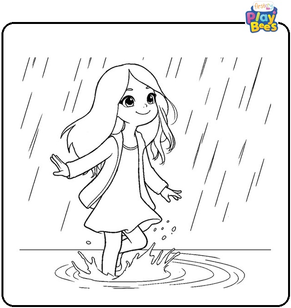 Girl Splashing in Puddles Coloring Page