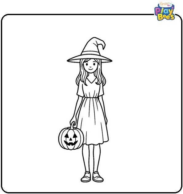 Girl Witch Holds a Jack O Lantern Coloring Page