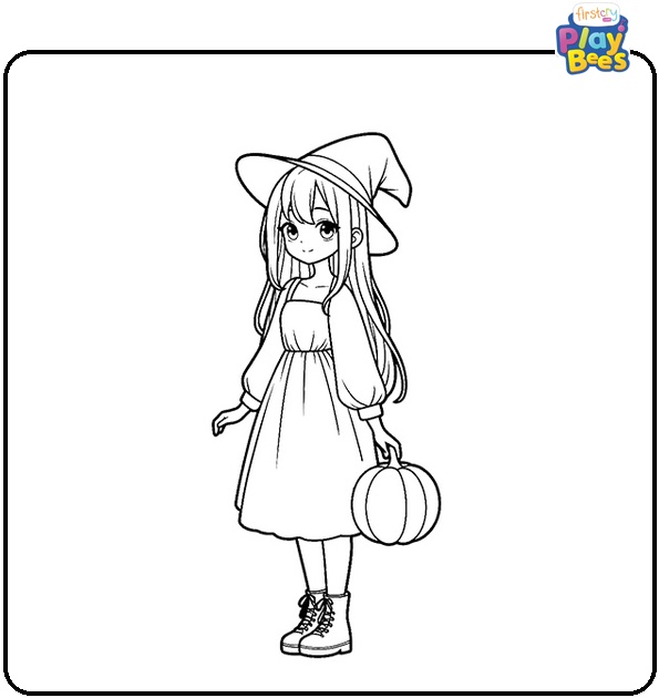 Girl Witch Holds a Pumpkin Coloring Page