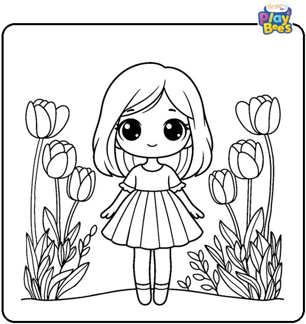 Girl in Tulip Garden Colouring Page