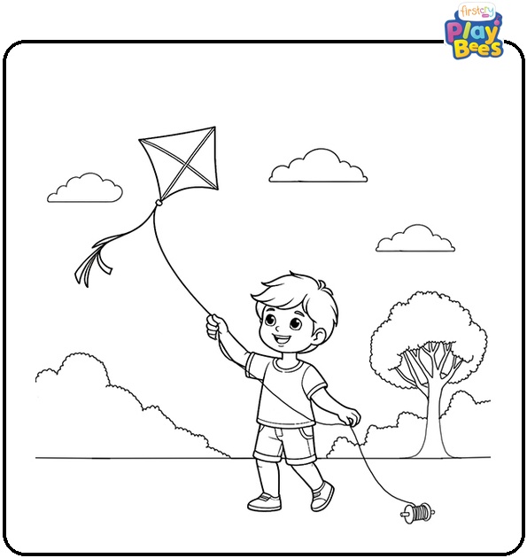 Happy Boy Flying Kite Coloring Page