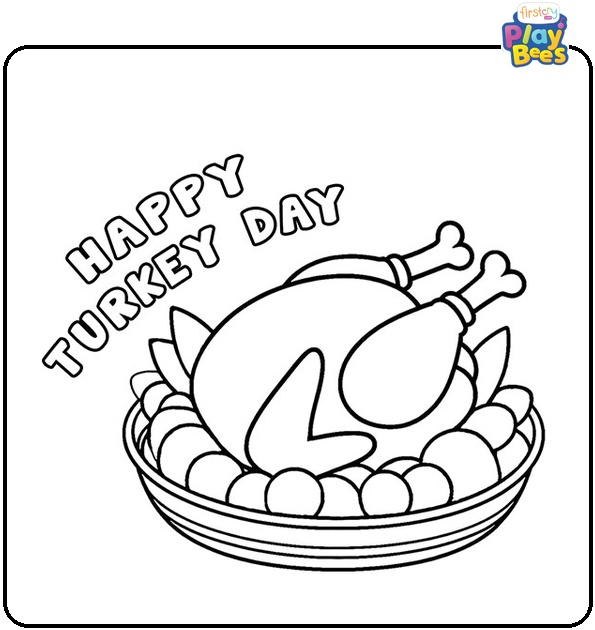 Happy Turkey Day With Cooked Turkey Colouring Page