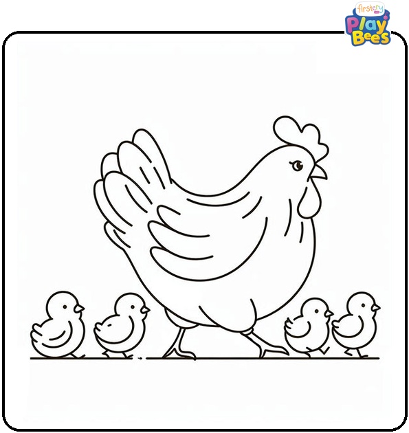 Hen with Chicks in a Row Coloring Page