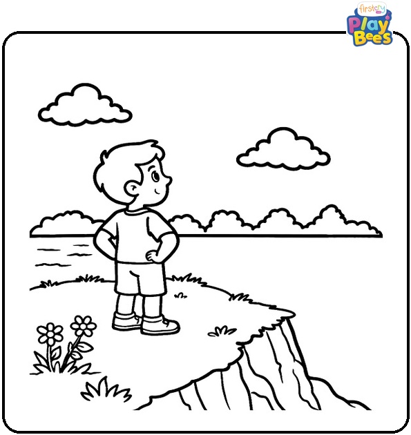 Hopeful Boy Looking Over A Cliff Coloring Page