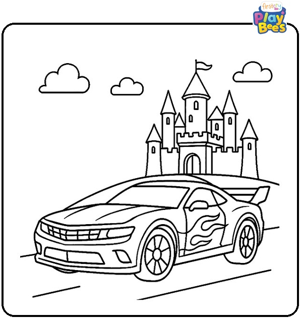 Hot Wheels Car & Castle in the Background Coloring Page
