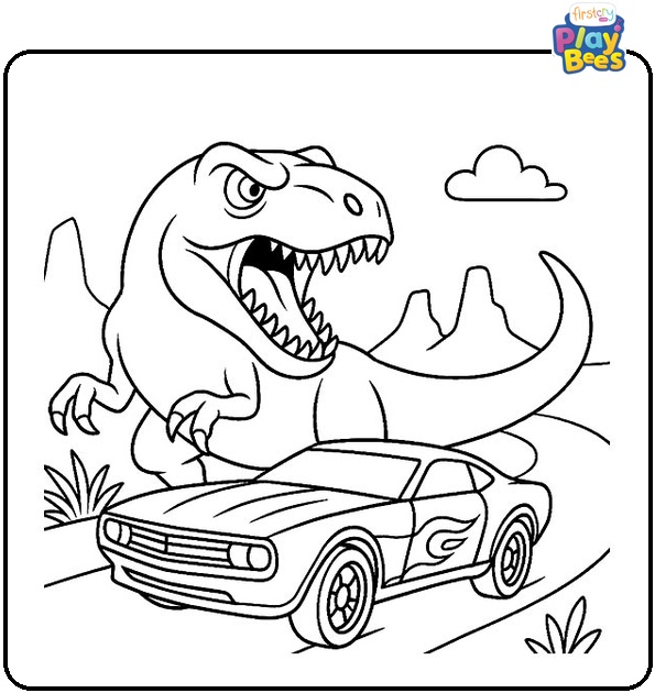 Hot Wheels Escaping From a Large Dinosaur Coloring Page