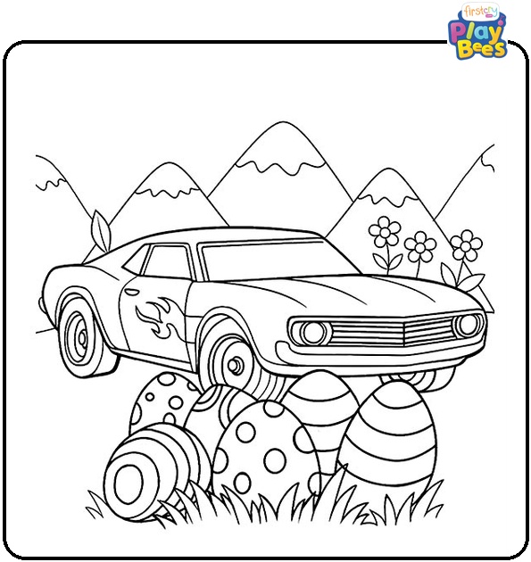 Hot Wheels Hideen in Easter Eggs Coloring Page