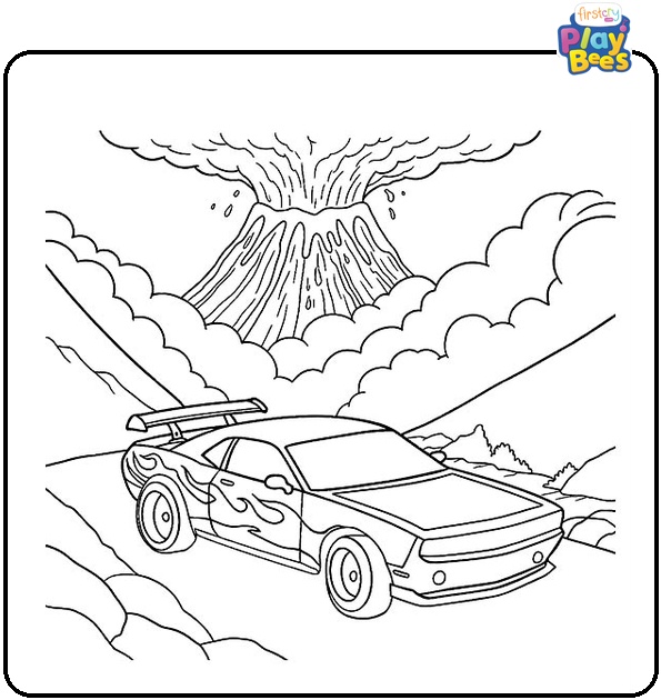 Hot Wheels Near Erupting Volcano Coloring Page