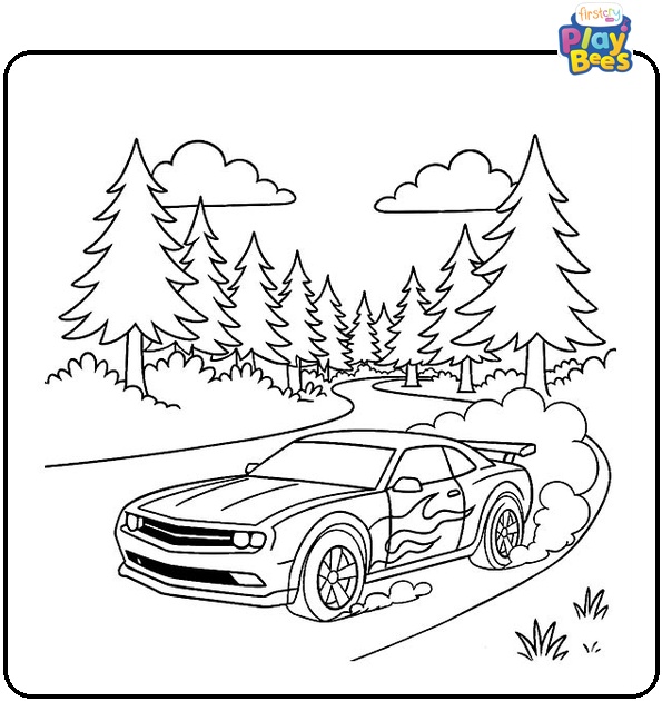 Hot Wheels Racing in Forest Coloring Page