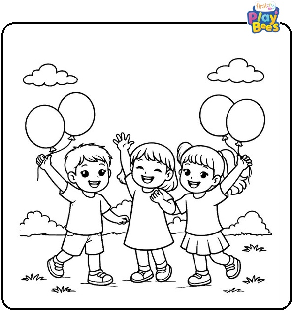 Joyful Kids With Balloons Coloring Page