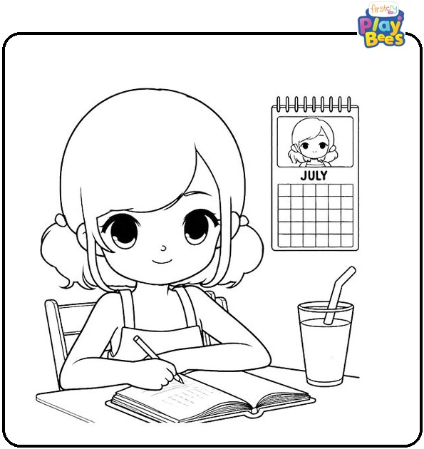 Kid Studying in July Coloring Page