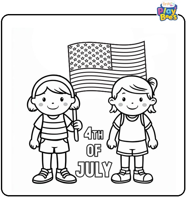 Kids Holding the Flag of USA on 4th of July Coloring Page
