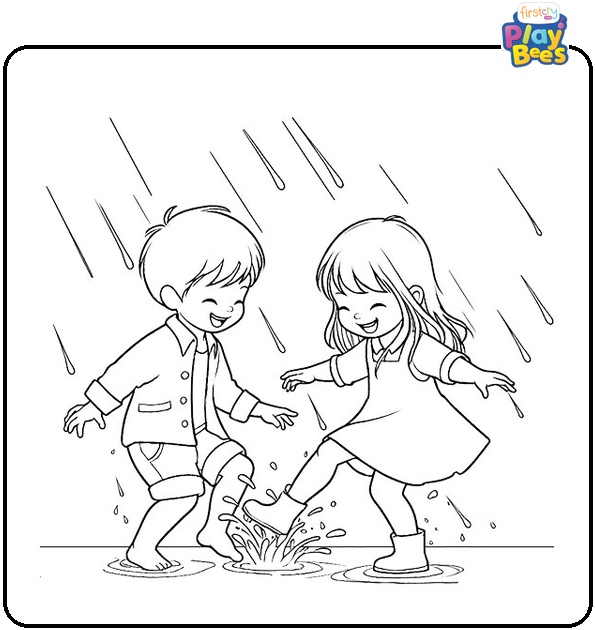 Kids in the Rain Coloring Page