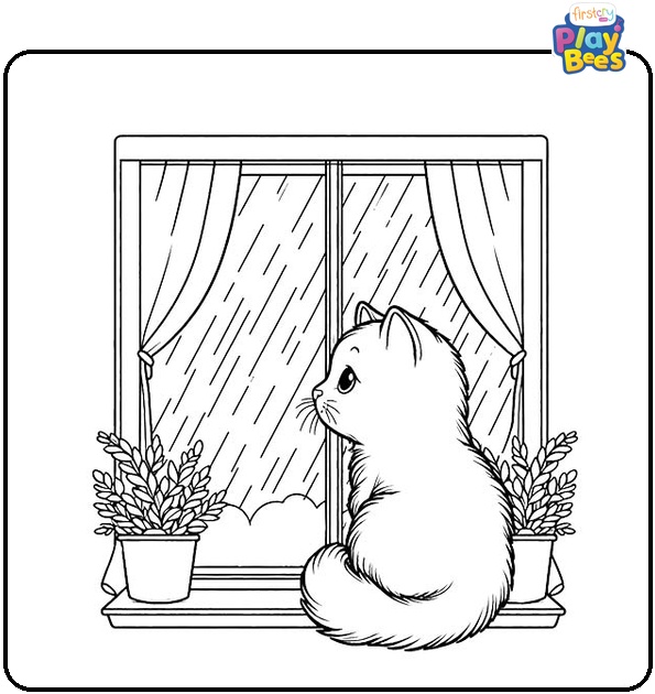 Kitty Watching The Rain Coloring Page