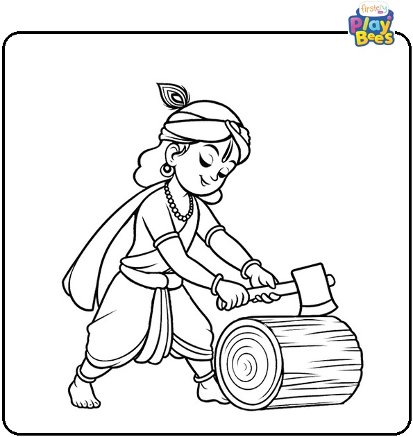 Krishna Chopping Wood Coloring Page