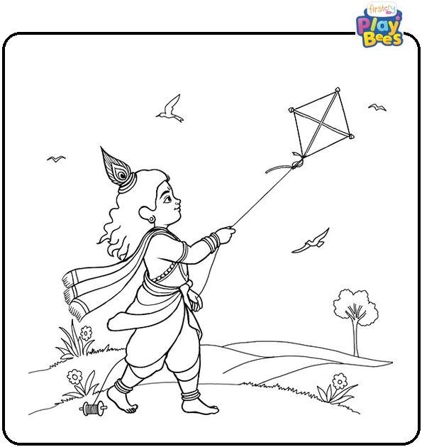 Krishna Flying a Kite Coloring Page