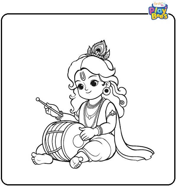 Krishna Playing a Drum Coloring Page