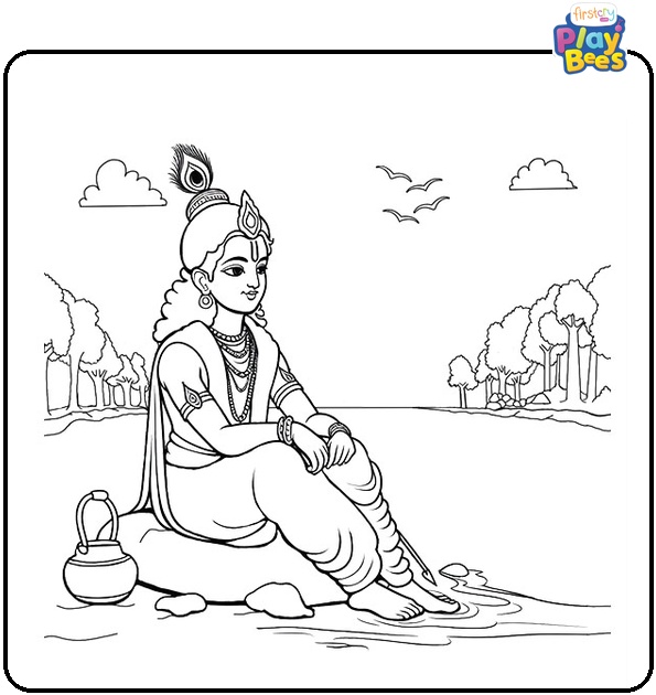 Krishna Sitting Near Yamuna River Coloring Page