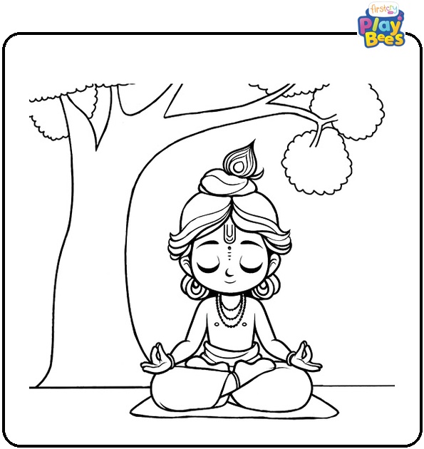 Krishna Sitting Under Tree in Meditation Coloring Page