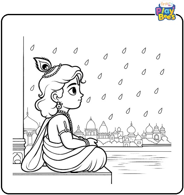 Krishna Watching the Rain in Vrindavan Coloring Page