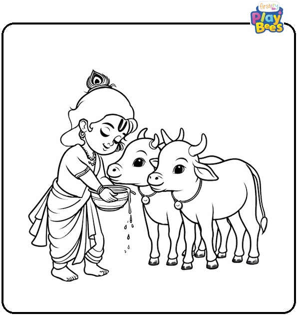 Krishna With Cows Coloring Page