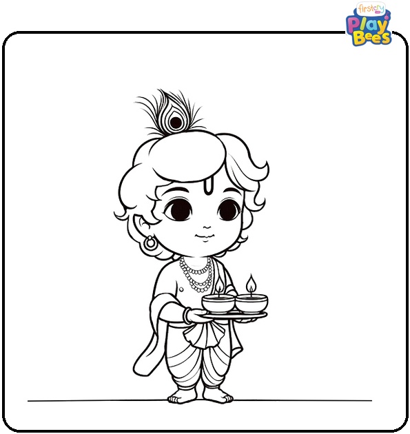 Krishna with Diyas Coloring Page