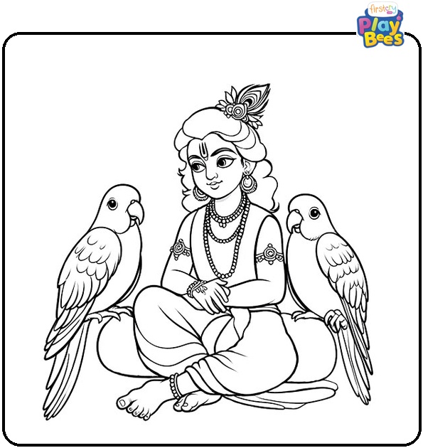 Krishna with Parrots Coloring Page
