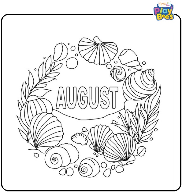 Lettering August with Shells Coloring Page